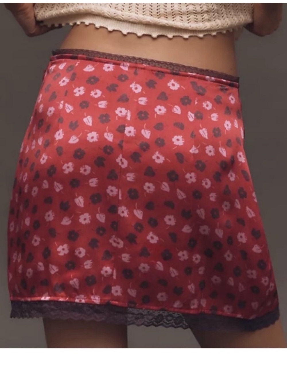 Maeve Large Skirt Anthropologie Lace-Trim Mini Slip Skirt red floral satin NWT